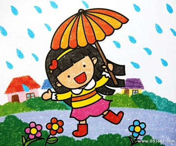 蜡笔画-撑花伞的小女孩