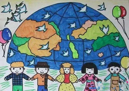 儿童画全球儿童手拉手保护地球