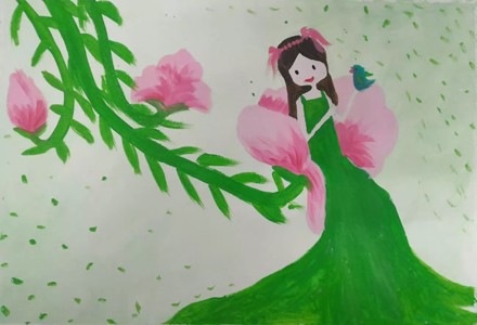 长发绿裙子春姑娘儿童画