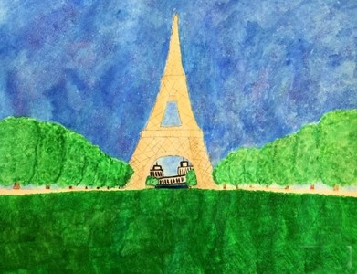 法国巴黎埃菲尔铁塔儿童风景画