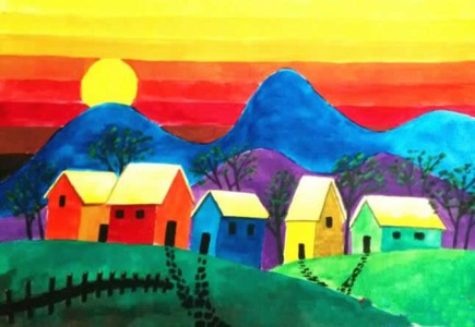 夕阳落日下的小山村儿童风景画