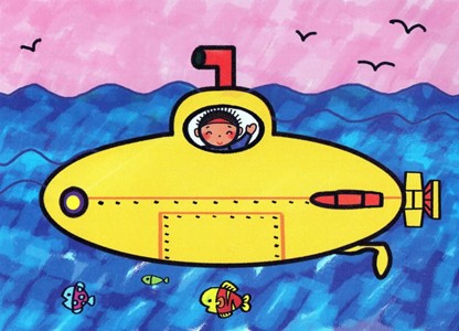 坐潜水艇到海底畅游的儿童画