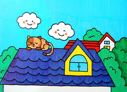 水彩画-屋顶上睡觉的猫