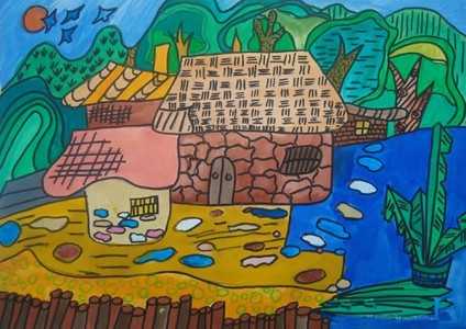 乡村中的房子儿童风景画