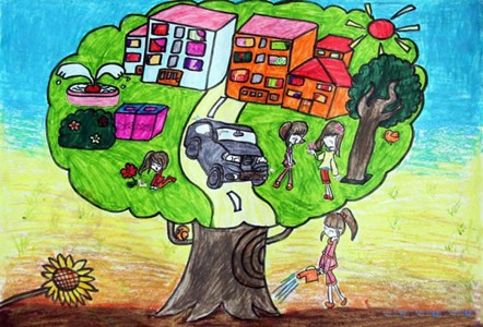 和谐绿色梦想家园儿童画