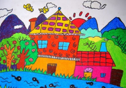 儿童乡村风景画水彩笔