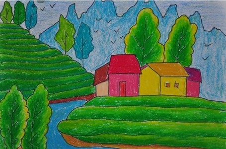 儿童美丽的乡村风景画