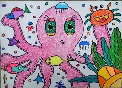 可爱大章鱼儿童蜡笔画