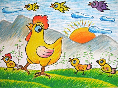 蜡笔画-老母鸡保护小鸡