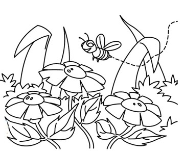幼儿填色风景简笔画《春天里的蜜蜂》