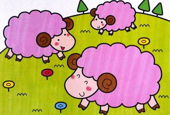 草地上的绵羊儿童画