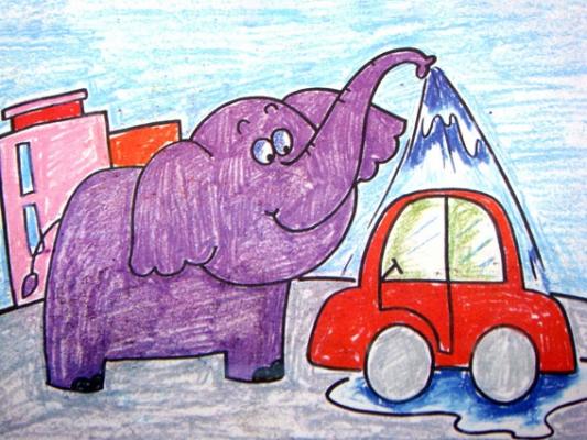 玩水的大象蜡笔画（大象儿童画图片）
