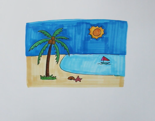 如何畫有色沙灘風景的簡筆畫(夏季沙灘簡筆畫)