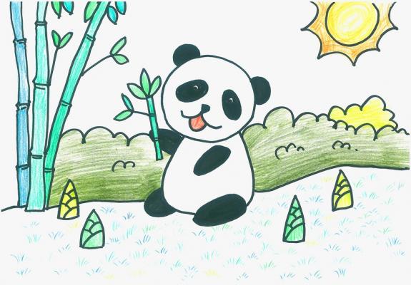国宝熊猫儿童画图片（熊猫吃竹子蜡笔儿童画）