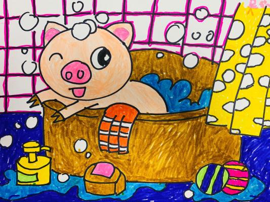 小猪爱洗澡儿童画