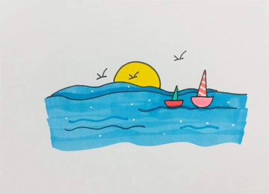 如何畫有色彩的大海日出帆船簡筆畫(大海日出帆船簡筆畫)