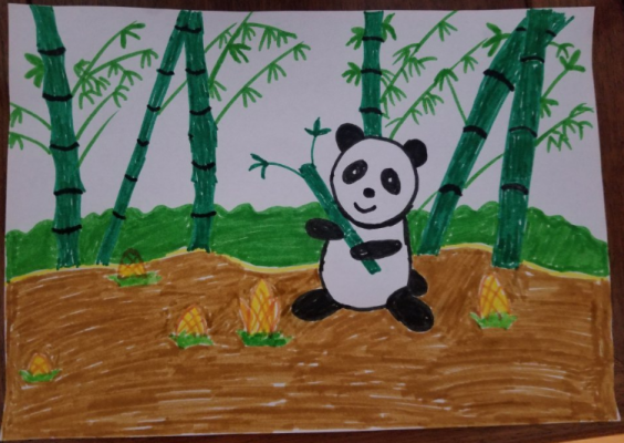 吃竹子的熊猫儿童水彩画