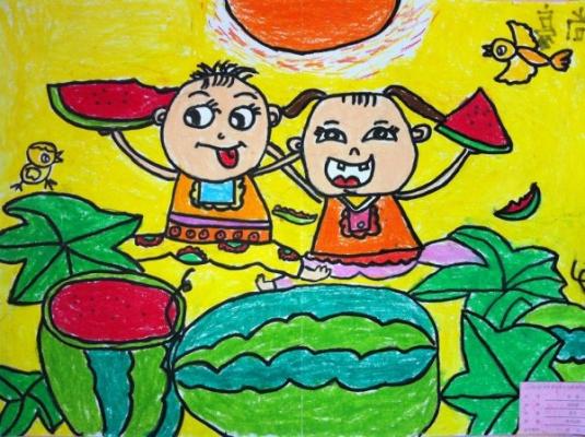 吃西瓜儿童水彩画图片