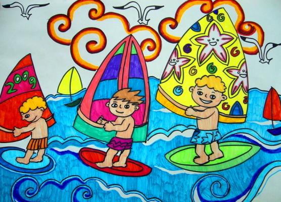海上冲浪儿童水彩画