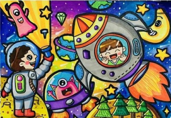 遨游太空马克笔儿童画