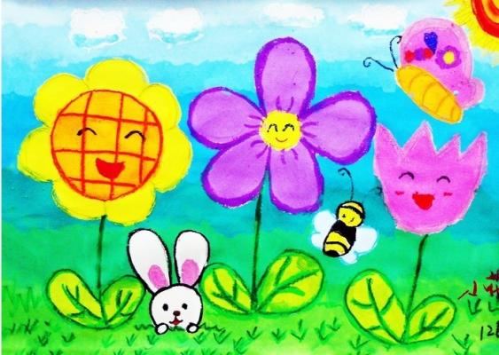 快乐草坪儿童水彩画
