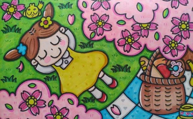 樱花树下的小女孩儿童画