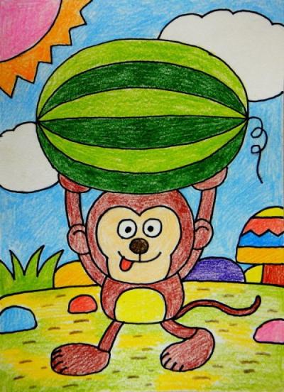 搬西瓜的小猴子儿童画图片