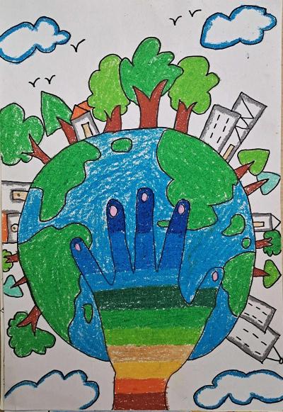 保护地球爱护环境蜡笔儿童画图片（地球日儿童画图片）