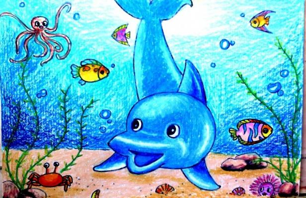 海底世界海豚儿童水彩画