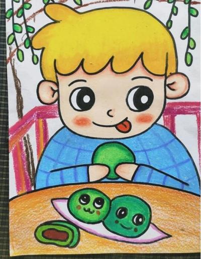 清明节吃青团的男孩儿童画图片