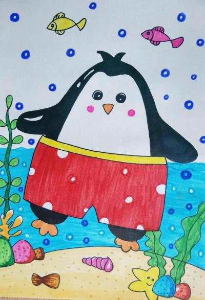 企鹅游泳儿童画图片