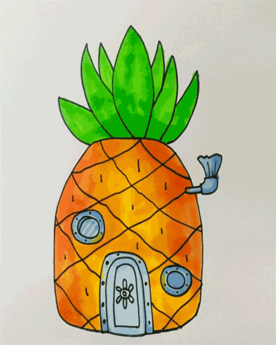 如何畫有顏色的菠蘿屋簡筆畫(海綿寶寶菠蘿屋簡筆畫)