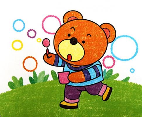 小熊玩泡泡儿童油棒画图片