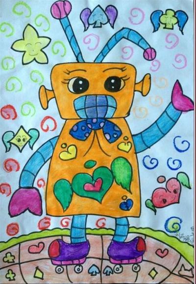 动漫超能机器人儿童水彩画