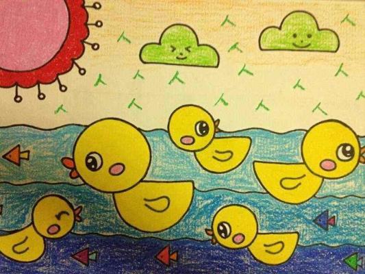 游泳的小鸭子蜡笔画